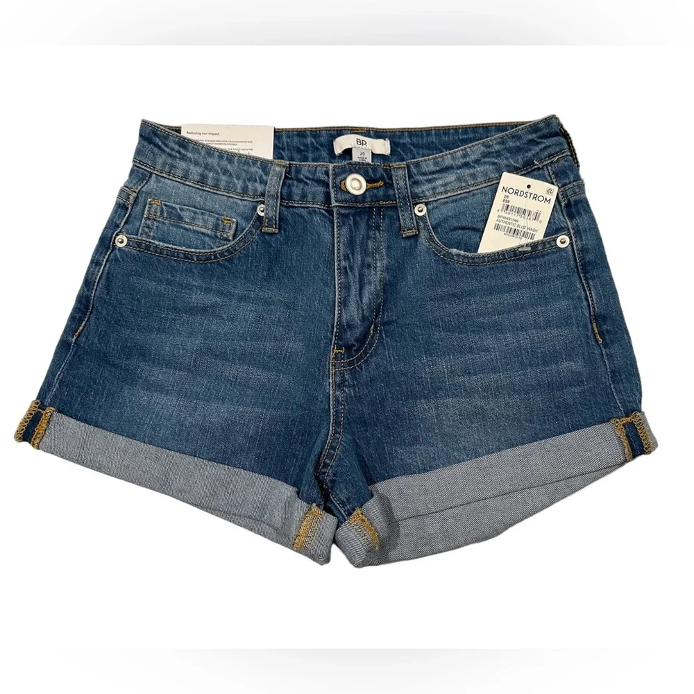 BP Authentic Blue Wash Classic 5 Pocket Denim Roll Cuff Stretch Jean Short SZ 26